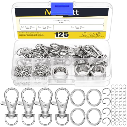Mardatt 125 Stück Keychain Making Kit, Hummerklaue Verschluss Lanyard Karabinerhaken und Schlüsselanhänger Ringe, Ringe springen, Kette Verlängerer für DIY Handwerk (Silber) von Mardatt