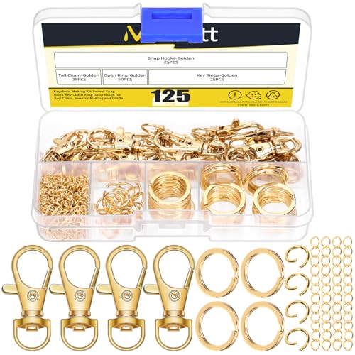 Mardatt 125 Stück Keychain Making Kit, Hummerklaue Verschluss Lanyard Karabinerhaken und Schlüsselanhänger Ringe, Sprung Ringe, Kette Extender für DIY Crafts (Gold) von Mardatt