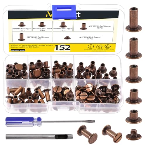 Mardatt 152Pcs 5 Sizes Chicago Screws with Punch and Screwdriver, M5 x 5/6/8/10/12MM Carbon Steel Chicago Rivet Chicago Binding Screw Flat Head Leather Rivet for DIY Leather Repair(Red Antique Copper) Mardatt 152Pcs 5 Sizes Chicago Screws with Punch and Screwdriver, M5 x 5/6/8/10/12MM Carbon Steel Chicago Rivet Chicago Binding Screw Flat Head Leather Rivet for DIY Leather Repair(Red Antique Copper) von Mardatt