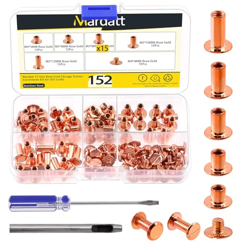 Mardatt 152Pcs 5 Sizes Chicago Screws with Punch and Screwdriver, M5 x 5/6/8/10/12MM Carbon Steel Chicago Rivet Chicago Binding Screw Flat Head Leather Rivet for DIY Leather Repair(Rose Gold) von Mardatt