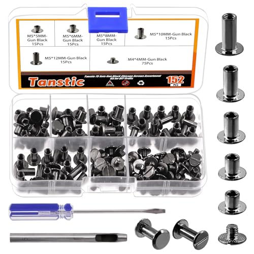 Mardatt 152Pcs 5 Sizes Chicago Screws with Punch and Screwdriver, M5 x 5/6/8/10/12MM Carbon Steel Chicago Rivets M5 Chicago Binding Screws Flat Head Leather Rivets for DIY Leather Repair(Gun Color) von Mardatt