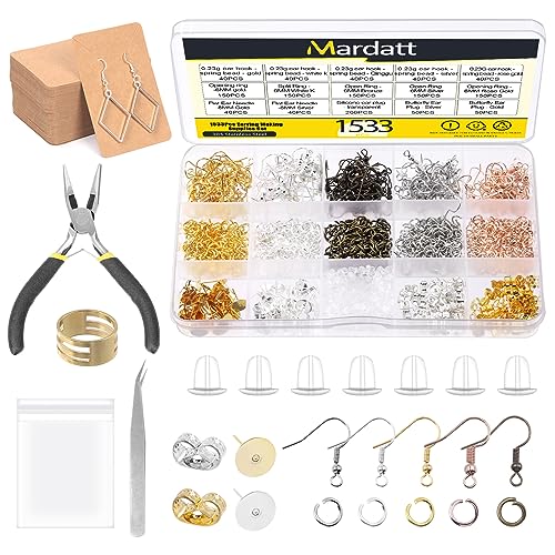 Mardatt 1533Pcs Ohrring Making Kit enthält 5 Farben Ohrring Haken, Jump Rings, Zangen, Ohrringe Halter Karten, Silikon Ohrring Backs Stopper, Ohrring Pfosten und Schmuck Zangen für Schmuck machen von Mardatt
