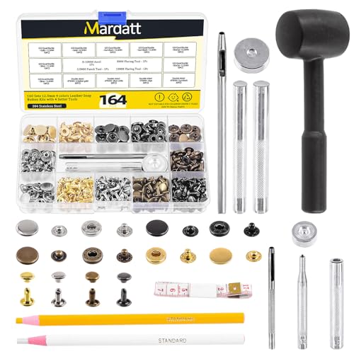 Mardatt 160 Sets Leather Snap Fasteners Kit Includes 4 Colors 12.5 mm Metal Snap Buttons Press Studs, 8x8mm Double Cap Rivets, Hammer, Setting Tools, Grease Pencils, Measuring Tape for DIY Leather von Mardatt
