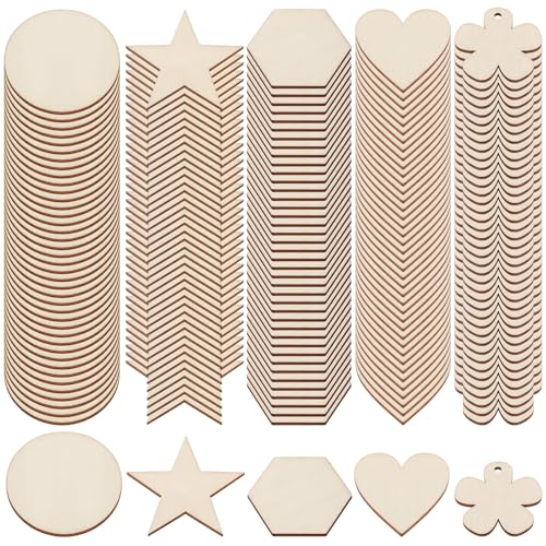 Mardatt 200 Stück Unfinished Wood Heart Slices for Crafts, runde hölzerne Weihnachtsornamente Herz Holzausschnitte Stern Blank Holzstücke Blume Sechseck Holzornamente für Dekoration von Mardatt