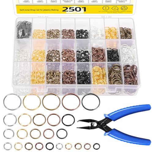 Mardatt 2501 Stück 5mm 6mm 8mm 10mm 14mm Split Jump Ringe Set, mehrfarbige Doppel Loop Jump Ringe und Split Ring Zangen für DIY Halskette Armband Craft Making von Mardatt