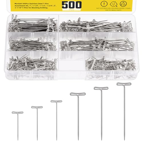 Mardatt 500Pcs 6 Sizes Stainless Steel T-Pins Set with Plastic Storage Box, I 1-1/4" 1-1/2" 1-3/4" 2" 2.1" Wig T-Pins Wig Pins Sewing Pins Long Straight Pins for Blocking Knitting Sewing Modelling von Mardatt