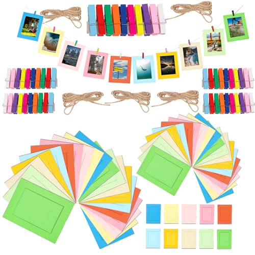 Mardatt 50Pcs 5 Sizes Paper Photo Frames with Clips, 10 Colors Paper Picture Frames Colorful Glitter Foam Stickers Hanging Album Frame for School Wedding Classroom Party Decor von Mardatt