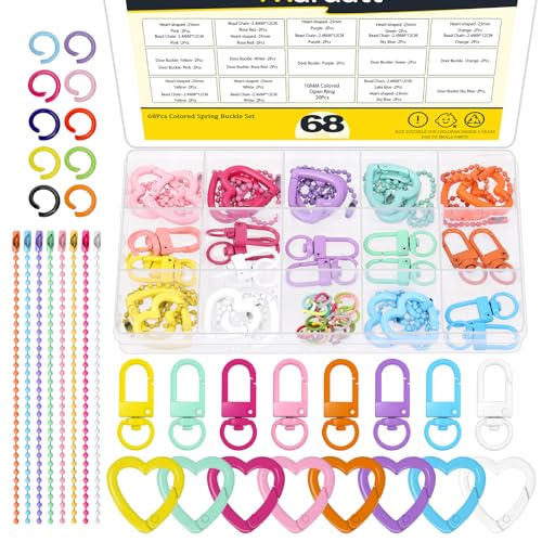 Mardatt 68 Stück bunte Herz Trigger Frühjahrsringe mit Hummer Claw Verschlüsse Kit, Metall Schlüsselanhänger Snap Haken Schnalle Taschenverschlüsse und Jump Ring DIY Projects von Mardatt