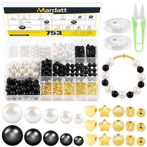 Mardatt 753 Stück Armbänder Herstellung Kit enthält 5 Größen Perlen, Spacer Perlen Set, Saiten und Scheren, Perlen Perlen und Gold Spacer Perlen für DIY (Weiß, Schwarz, Gold) von Mardatt