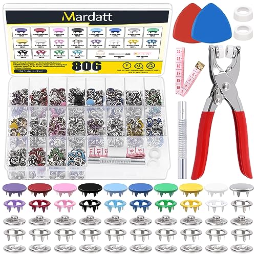 Mardatt 807Pcs Snap Fasteners Tool Kit Includes Hollow and Solid Metal Prong Snaps Buttons, Snaps Fasteners Pliers, Setting Tool and Ruler for DIY Leather Sewing Clothing(9.5mm,10 Colors) von Mardatt