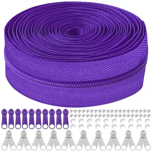 Mardatt 81Pcs Reißverschluss Reparatur Kit, 10 Yards #5 Nylon Reißverschluss Band mit 10Pcs Reißverschluss Slider, 10Pcs Doppel Reißverschluss Slider, 60Pcs Unterseite Top Stops (Dunkellila) von Mardatt