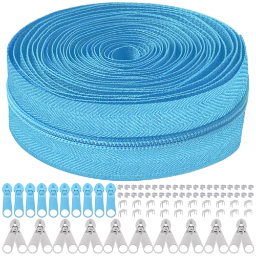 Mardatt 81Pcs Reißverschluss Reparatur Kit, 10 Yards #5 Nylon Reißverschluss Band mit 10Pcs Reißverschluss Slider, 10Pcs Doppel Reißverschluss Slider, 60Pcs Unterseite Top Stops (Himmelblau) von Mardatt