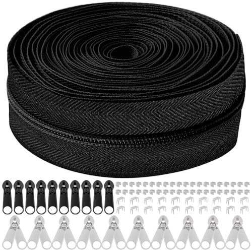 Mardatt 81Pcs Reißverschluss Reparatur Kit, 10 Yards #5 Nylon Reißverschluss Band mit 10Pcs Reißverschluss Slider, 10Pcs Doppel Reißverschluss Slider, 60Pcs Unterseite Top Stops (schwarz) von Mardatt