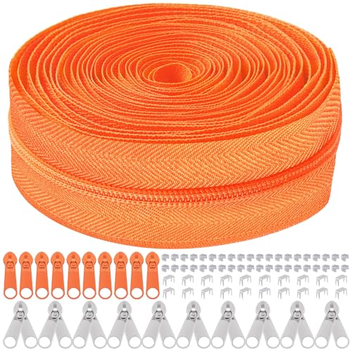Mardatt 81Pcs Reißverschluss Reparatur Kit, 10 Yards #5 Nylon Reißverschluss Band mit 10Pcs Reißverschluss Slider, 10Pcs doppelter Reißverschluss Slider, 60Pcs Boden Stopper (Orange) von Mardatt