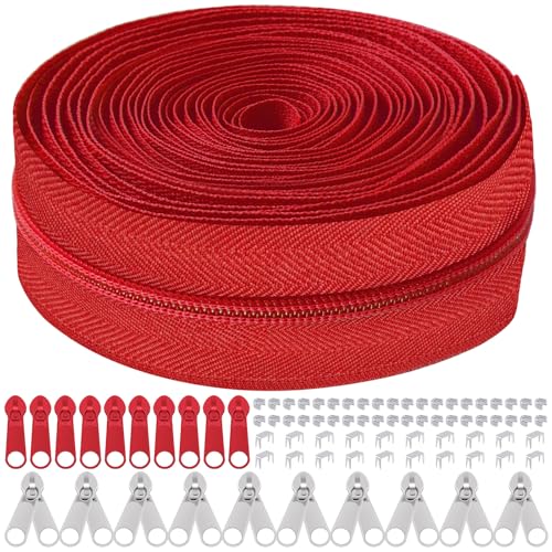 Mardatt 81Pcs Reißverschluss Reparatur Kit, 10 Yards #5 Nylon Reißverschluss Band mit 10Pcs Reißverschluss Slider, 10Pcs doppelter Reißverschluss Slider, 60Pcs Unterseite Top Stopper (rot) von Mardatt