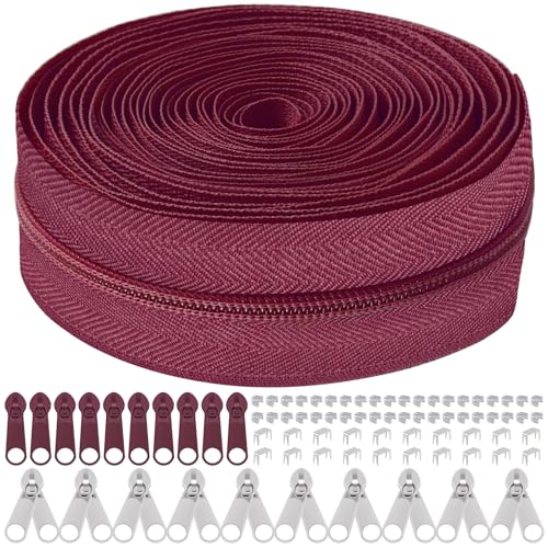 Mardatt 81Pcs Reißverschluss Reparatur Kit, 10 Yards #5 Nylon Reißverschluss Band mit 10Pcs Reißverschluss Slider, 10Pcs doppelter Reißverschluss Slider, 60Pcs Unterseite Top Stops (Weinrot) von Mardatt