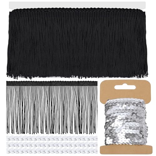 Mardatt Schwarz Fransen mit Silber Pailletten Trim, 4 Zoll x 5 Yards Nähen Fransen Trim Quasten Trim für Kleidung Vorhang Sofa DIY Lampenschirm Dekoration Mardatt Schwarz Fransen mit Silber Pailletten Trim, 4 Zoll x 5 Yards Nähen Fransen Trim Quasten Trim für Kleidung Vorhang Sofa DIY Lampenschirm Dekoration von Mardatt