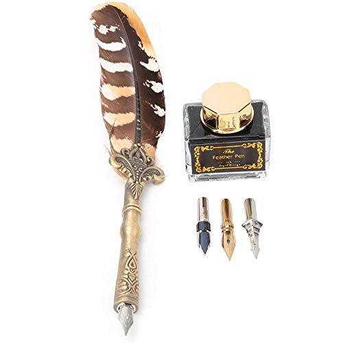 Marhynchus Feather Dip Pen, European Vintage Füllfederhalter-Set mit 3 zusätzlichen Schreibfedern Leere Tintenflasche von Marhynchus