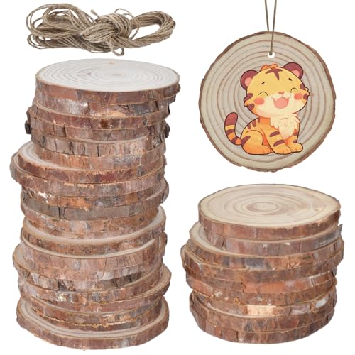 Marjoramy 30 Stück Unvollendete Holzkreise, Holzkreise zum Basteln, 6-7cm Holz Log Scheiben Kit mit Loch, Baumscheiben Rund zum Basteln, Kiefernholz Astscheiben, Holzscheiben mit Loch für DIY Deko von Marjoramy