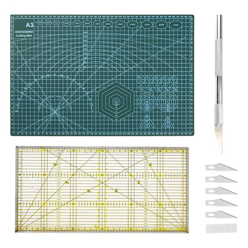 Marjoramy Schneidematte Set A3 mit Bastelmesser und Patchwork Lineal, Basteln Zeichenunterlage Schneideunterlage Schneidematte, Schnittfest Cutting Mat für Gravuren Malen Nähen Zubehör, Grün von Marjoramy