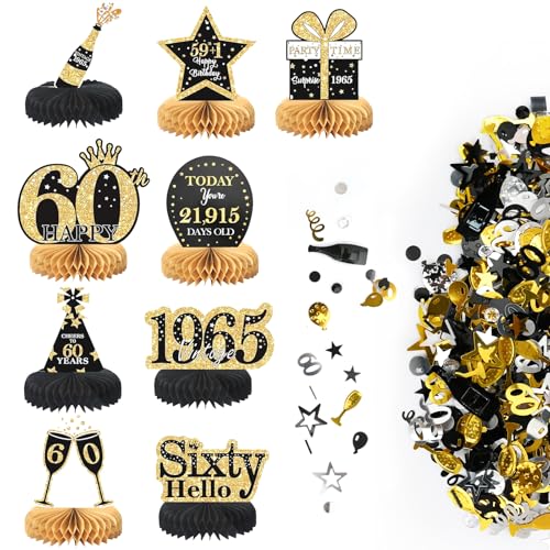 Schwarz und Gold Deko 60. Geburtstag Männer,9 Stück Bienenwabe Mittelstück Und 30g Happy Birthday Konfetti,60. Geburtstag Tischdeko,60.Party Deko Für Männer von Marjoramy