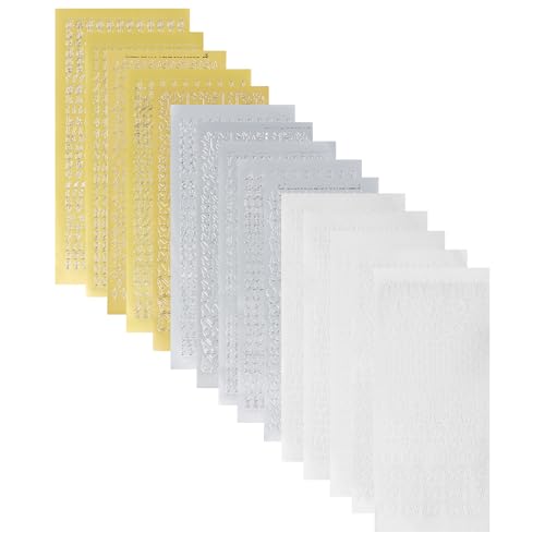 Set mit 14 Blätter Sticker Buchstaben mit Alphanumerischen Schmetterlingssternen und Anderen Mustern, Heißprägung PVC-Aufkleber für Handbook Goo Card Dekorative Aufkleber (Gold, Silver, Weiß) von Marjoramy