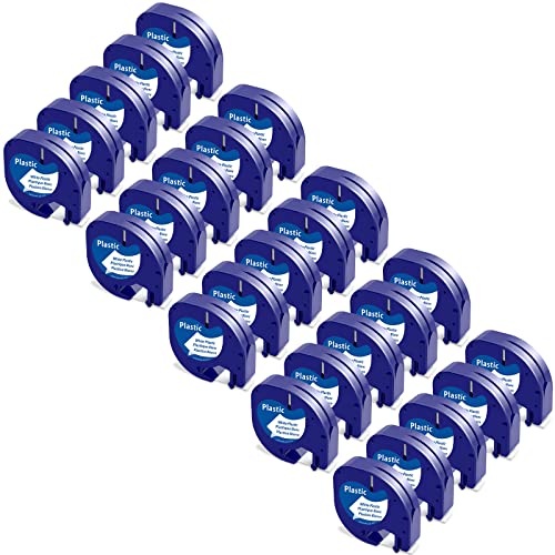 25x Kompatibel mit Dymo LetraTag 12mm x 4m Kunststoff Weiß Etikettenband 91221 91201, Kompatibel mit Dymo LetraTag Schriftband Plastic Bänder for LT-100H LT-100T LT-110T 200B XR XM von MarkField
