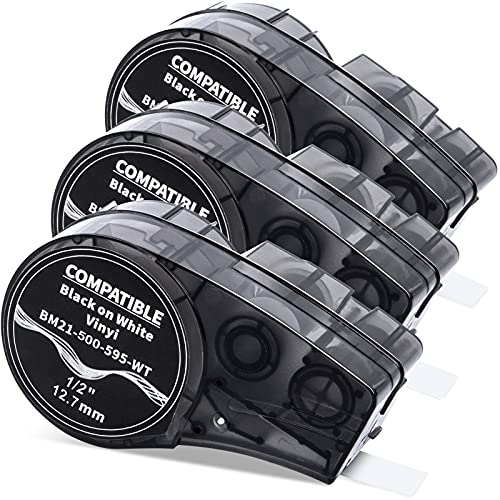 3X kompatibel mit M21-500-595-WT Vinyl-Klebeband Selbstklebend Schwarz auf Weiß Etikettenklebeband, Aggressive Adhesive Vinyl Etiketten, Langlebig Vinylband, 0.5" Width x 21' Length (12.70mm x 6.40m) von MarkField
