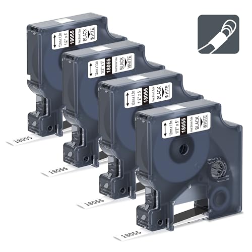 4x 18055 Schriftband Kompatibel mit Dymo Rhino Industrie Schrumpfschlauch-Kabeletiketten | 12 mm, 1,5 m Schwarz auf Weiß, Kompatibel mit Dymo Rhino 4200, 5200, 5000,1000, 3000, 6000, ILP-219 von MarkField