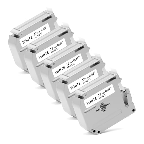5x kompatibel mit Brother M-K231 Schriftband 12mm, Schwarz auf Weiß, kompatibel mit PT-90, PT-M95, PT-65, PT-60, PT-55, PT-70, PT-80, PT-85 (M-K231S M-K231 MK231S M-K231BZ Etikettenband) 12 mm x 8 m von MarkField