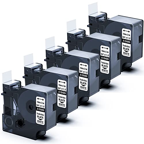 5x MarkField 19mm Flexible Nylon Schriftband Kompatibel mit Dymo Rhino 18489 Band Industrial Flexiblen Etiketten Kompatibel für Dymo Rhino 4200 5000 5200 6000 Etikettiergerät, Schwarz auf Weiß von MarkField