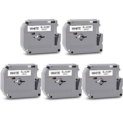5x MarkField kompatibel mit Brother M-K221S MK-221 MK221 Schriftbänder 9mm, Schwarz auf Weiß, kompatibel mit Brother M-K221 9mm 3/8 White Schriftband für P-Touch PT-65 PT-60 PT-90 PT-55 PT-M95 PT-85 von MarkField
