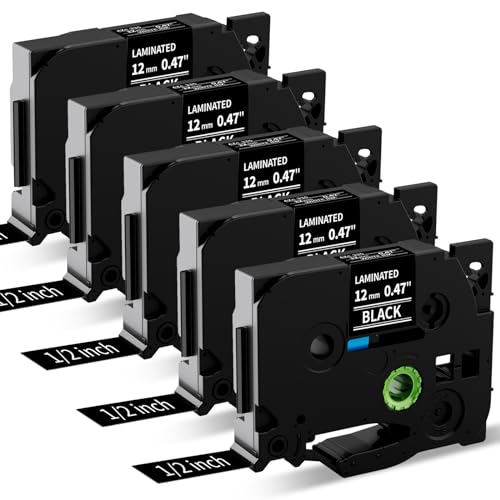 5x MarkField Kompatible Laminiert Schriftband als Ersatz für Brother P-Touch TZ TZe-335 12mm x 8m Etikettenband für PT-H105 H107 H101C H100LB/R 1005 1250 D200 E110 300BT Cube, Weiß auf Schwarz von MarkField