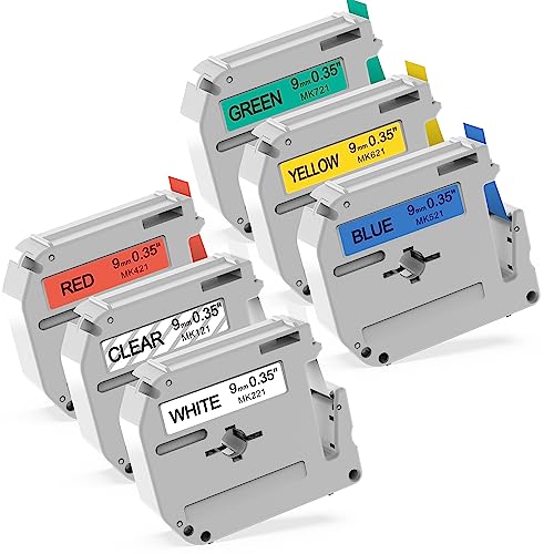 6x MarkField Kompatibel mit Brother P-touch M Bänder 9mm x 8m Schriftband M-K221 M-K121 M-K421 M-K521 M-K621 M-K721, Kompatibel mit Brother PT-90 PT-M95 PT-80 PT-65 PT-85 PT-75 PT-100 PT-110, 9mm x 8m von MarkField