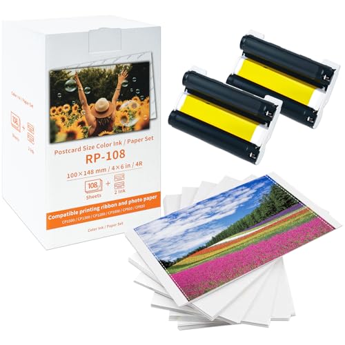 Kompatibel mit Canon Selphy CP1500 Papier und Patrone, RP-108 RP-108IN Farbband/Papierset 10x15cm, für Selphy CP1500 CP1300 CP1200 CP1000 CP910 CP820, 108 Fotopapier + 2 Kartusche, 4" x 6" Kompatibel mit Canon Selphy CP1500 Papier und Patrone, RP-108 RP-108IN Farbband/Papierset 10x15cm, für Selphy CP1500 CP1300 CP1200 CP1000 CP910 CP820, 108 Fotopapier + 2 Kartusche, 4" x 6" von MarkField