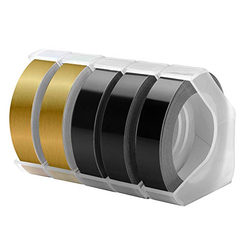 5x Kompatibel Prägegerät Etiketten als Ersatz für Dymo Prägeband 9mm x 3m 3D Omega Prägegerät Etikettenband, Selbstklebendes Vinyl Etikettenband für Dymo Omega Junior Etikettiergerät Prägegerät von MarkField