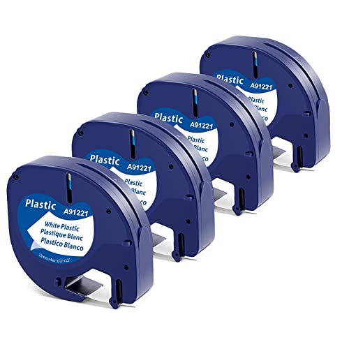 4x MarkField Kompatibel mit Dymo Letratag Etikettenband, Kompatible mit Dymo Letratag 12mm x 4m Kunststoff Bänder für LT-100H LT-100T XR XM 2000 Plus 200B, Schwarz auf Weiß, 91201 S0721610 von MarkField