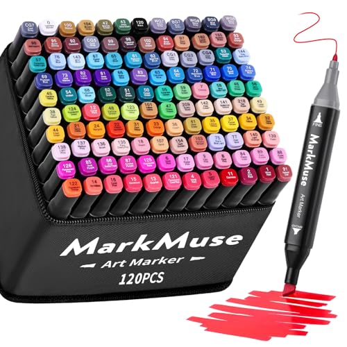 MarkMuse 120+2 Alkohol Stifte Set, Meißel & Feine Verdoppelt Marker Stifte Filzstifte, 2 Sekunde Schnell Trocknende Alkohol Marker mit Anti-Seepage Abstandshaltern für Malerei, Design, Manga von MarkMuse