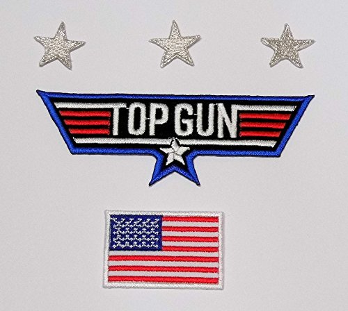 5 Applikation Patch Aufbügler Iron on Sticker Top Gun+Sterne+Flagge TopGun-Set6 von Markenlos