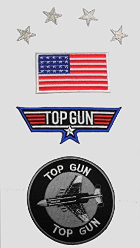 7 Applikation Patch Aufbügler Iron on Sticker Top Gun+Sterne+Flagge TopGun-Set9 von Markenlos