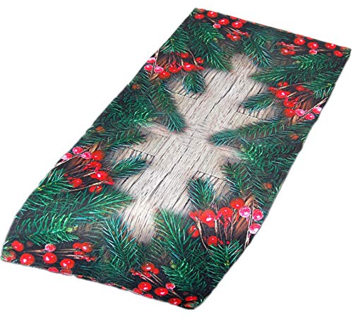 Bezaubernde Tischdecke 40x85 cm Kirschlorbeer rot grün Weihnachten Holzdiele Winter Digitaldruck (Tischläufer 40x85 cm) von Markenlos