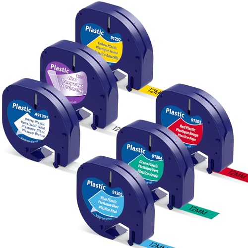 6er Pack Etikettenband Kompatibel mit DYMO Letratag Etikettenband Plastik 12mm x 4m Kompatibel mit Letra Tag XR LT-100H LT-100T QX50 2000 Bänder Schwarzer auf Klar/Weiß/Rot/Gelb/Blau/Grün von Markurlife