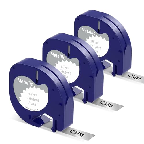 3er-Pack Etikettenband Kompatibel mit Dymo Letratag Etikettenband 12mm x 4m Metallic Silver Plastik Kompatibel mit Dymo LetraTag LT-100H,200B,XR,LT-110T,QX50,2000,XM Wasserfest UV Beständig von Markurlife