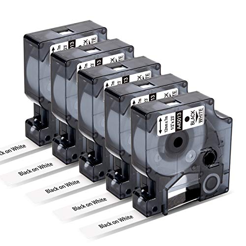 5× Markurlife Kompatibel mit Dymo Etikettenband D1 45013 S0720530 12mm x 7m als Ersatz für Dymo D1 45013 A45013 Schwarz auf Weiß Schriftbänder für Dymo LabelManager 160 200 210D 260D 280 360D 420P PnP von Markurlife