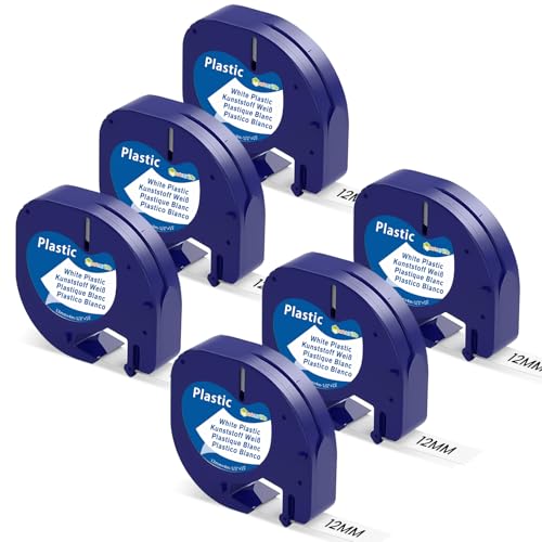Plastic White 12mm x 4m Etikettenband Kompatibel mit Dymo Letratag Etikettenband a91221 Kompatibel mit Dymo LetraTag LT-100H,200B,XR,LT-110T,QX50,2000,XM Wasserfest UV BeständigEtikettenband 6er-Pack von Markurlife