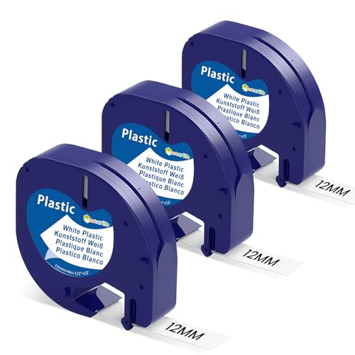 3 x Etikettenband Kompatibel mit Dymo Letratag Etikettenband White Plastic 12mm x 4m A91221 Kompatibel mit Dymo Beschriftungsgerät LetraTag LT-100H,200B,XR,LT-110T,QX50,2000,XM (Schwarz auf Weiß) von Markurlife