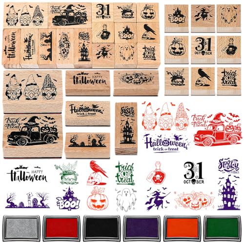 Marspark 22 Stück Halloween-Gummistempel und Stempelkissen aus Holz, gemischte Halloween-DIY-Bastelkarten, Holzstempel für Party, Scrapbooking, Karten, Geschenkdekoration von Marspark