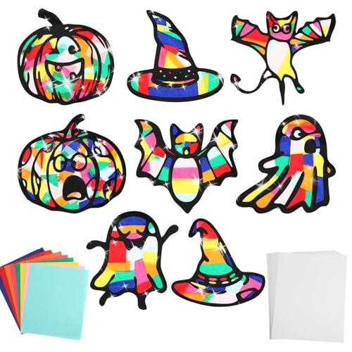 Marspark 32 Sets Halloween-Sonnenfänger-Bastelset, vorgeschnittenes Papier mit 8 Halloween-Designs: Kürbis, Hexenhut, Fledermaus, Geist, enthält 32 Rahmen, 32 Blatt farbiges Seidenpapier von Marspark
