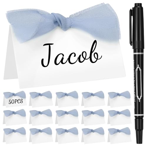 Marspark 50 Stück Namens-Tischkarten für Tischgedeck, bedruckbar, 5,1 x 8,9 cm, Zelt-Namenskarten mit Schleife, blanko, befüllbar, Buffet, Lebensmittel-Etiketten mit Stift, für Hochzeit, Tisch von Marspark