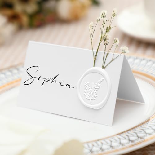 Marspark Tischkarten für Hochzeiten, mit Wachssiegel und getrockneten Blumen, Tischdekoration, bedruckbar, für Hochzeit, Namenskarte, Erntedankfest, Weihnachten, Abendessen, Partys, Dekorationen, Weiß von Marspark